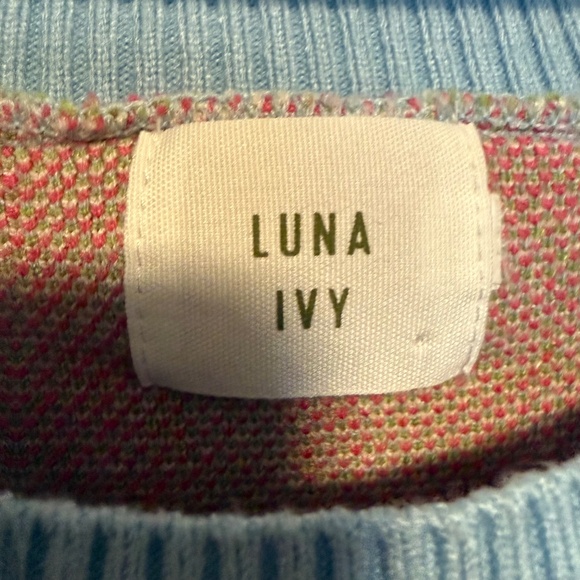 Anthropologie Luna Ivy Strawberry Blue White Checkered Sweater Size Large - Picture 10 of 13